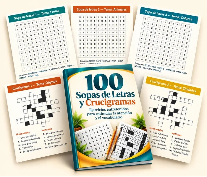 Cuaderno de 100 sopas de letras y crucigramas en letra grande