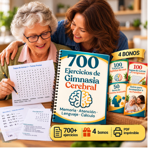 Composición con el cuaderno de 700 Ejercicios de Gimnasia Cerebral y los 4 bonos, junto a una abuela y su hija practicando en casa